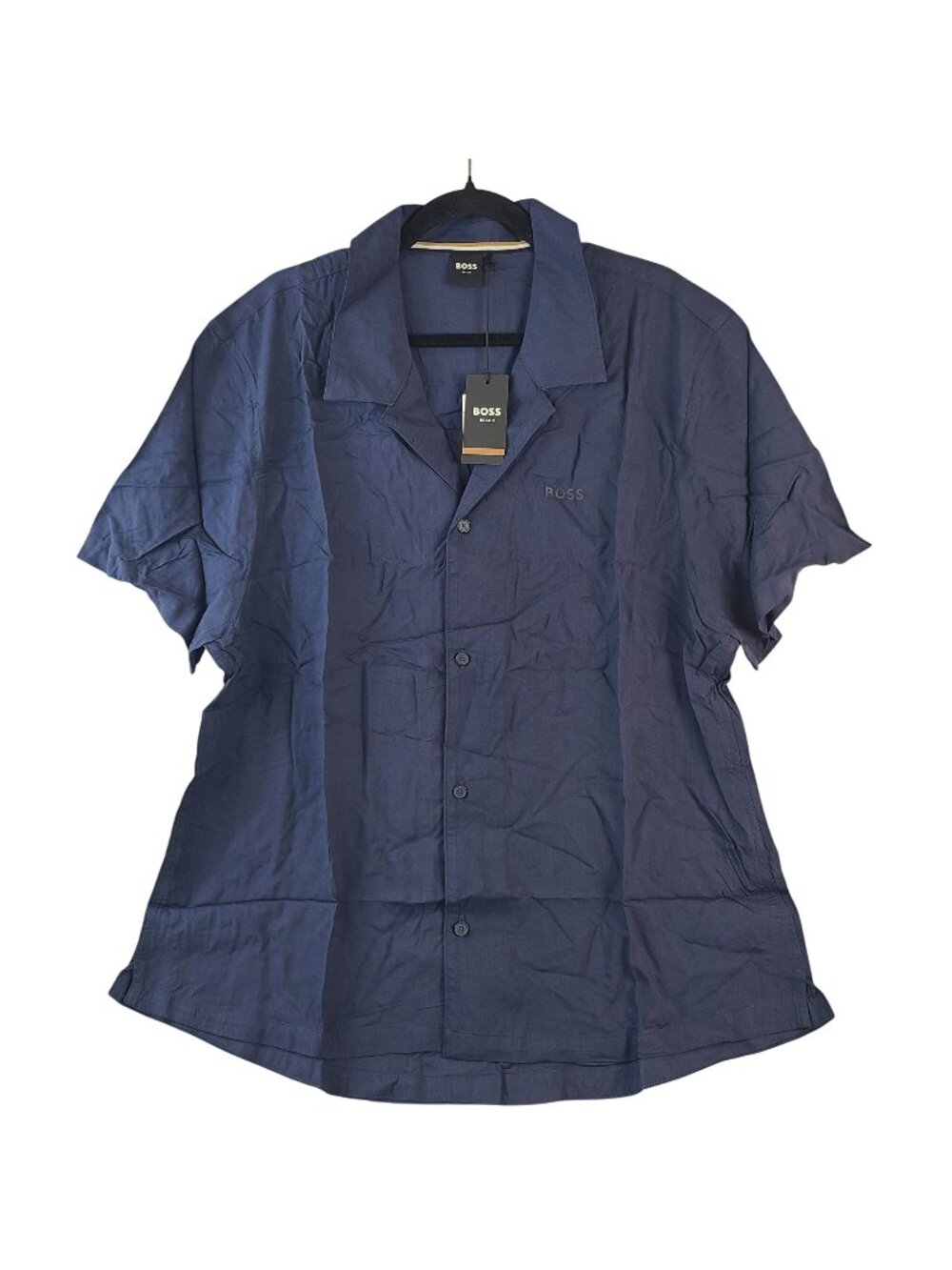 NEW Boss Beach Shirt Navy Short Sleeve Men's Sz XXL 100% Viscose Solid Button-Up